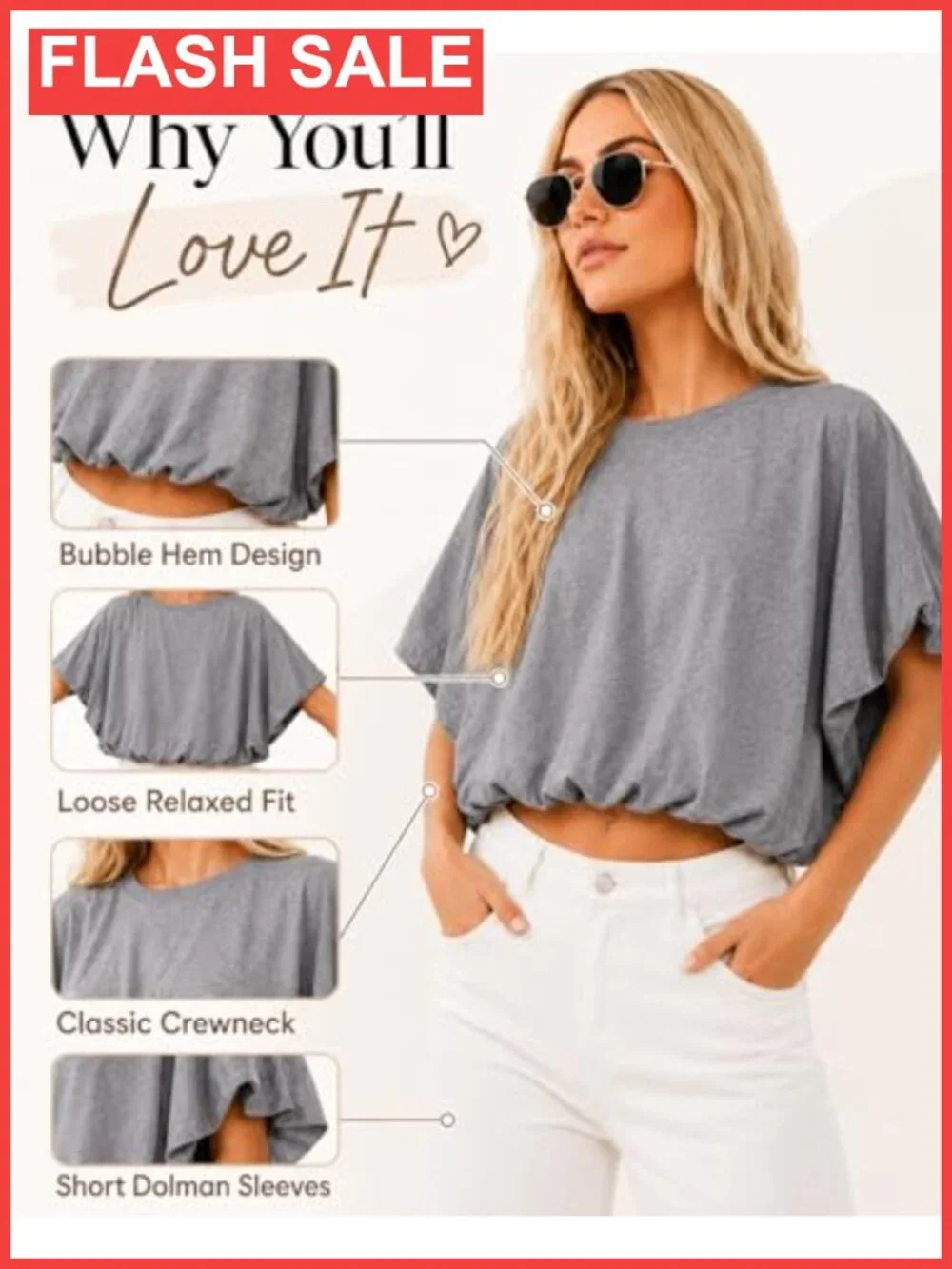 Bubble Hem Crop Top Short Sleeve Crewneck Loose Fit Casual Tee